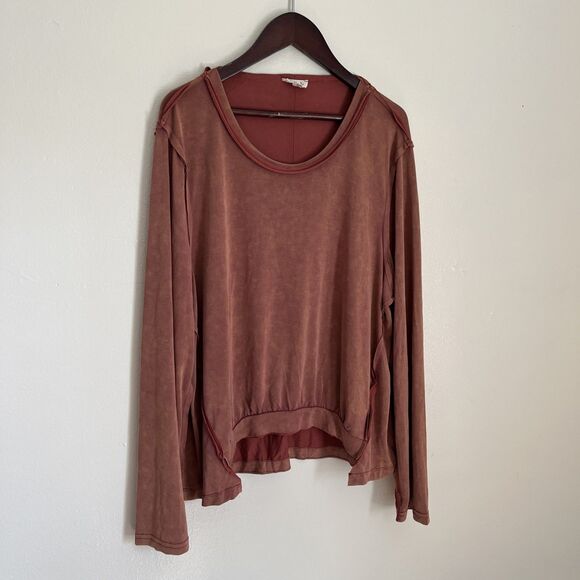 POL Raw Hem Acid Wash Scoopneck Boho Relaxed Fit Blouse, Rust Orange- Small - Picture 3 of 10